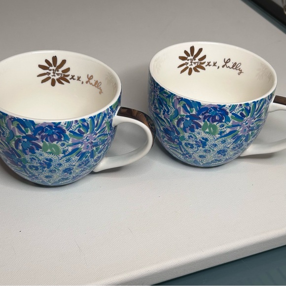 Set of 2 Lilly Pulitzer Coffee Mugs in Lion Around Blue Green Floral Gold Trim - Picture 2 of 9